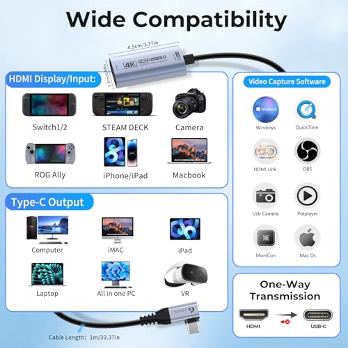 Guermok 4K@60FPS Video Capture Card, 90° USBC, 3.3ft, 2K@144PS USB 3.0 HDMI to USB C/A Capture Card for Streaming, Works with iPad, MacOS, PC, Quest3, OBS, PS5/4, Switch2/1, Xbox, Camera - Image 3