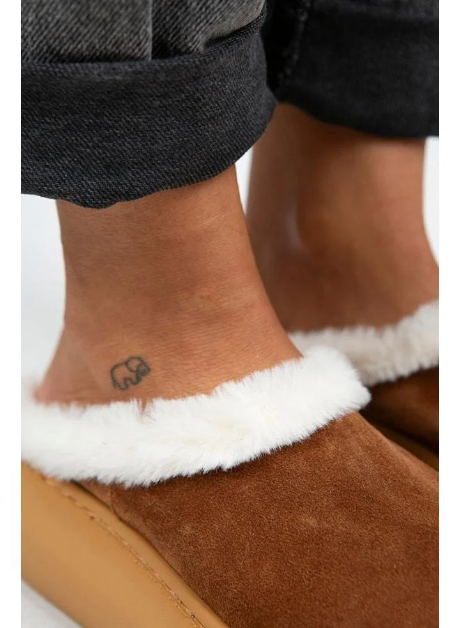 Manijero  Miranda Women's Genuine Leather Flat Slippers with Fur Lining in Tan - Brown for Women | Best Price UAE