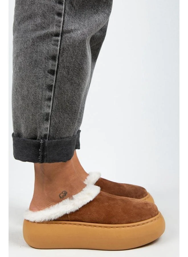 Manijero  Miranda Women's Genuine Leather Flat Slippers with Fur Lining in Tan - Brown for Women | Best Price UAE