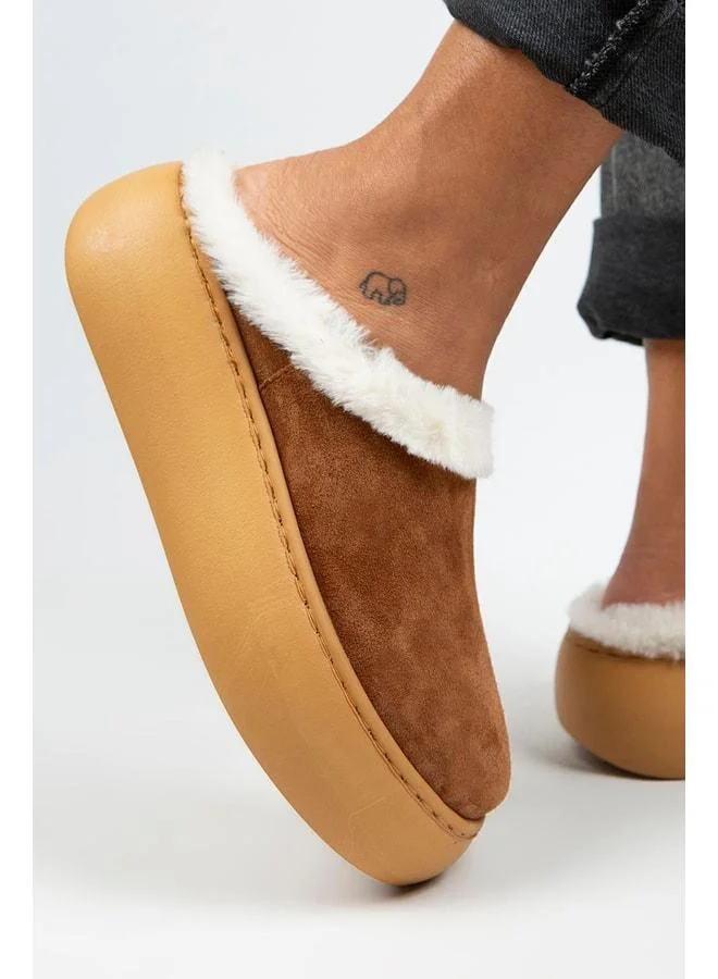 Miranda Women's Genuine Leather Flat Slippers with Fur Lining in Tan - Brown