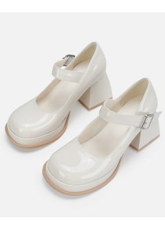 Loquat Women's T-Strap Round Toe Platform Heels Chunky Heel Mary Jane Dress Shoes White  - Image 1