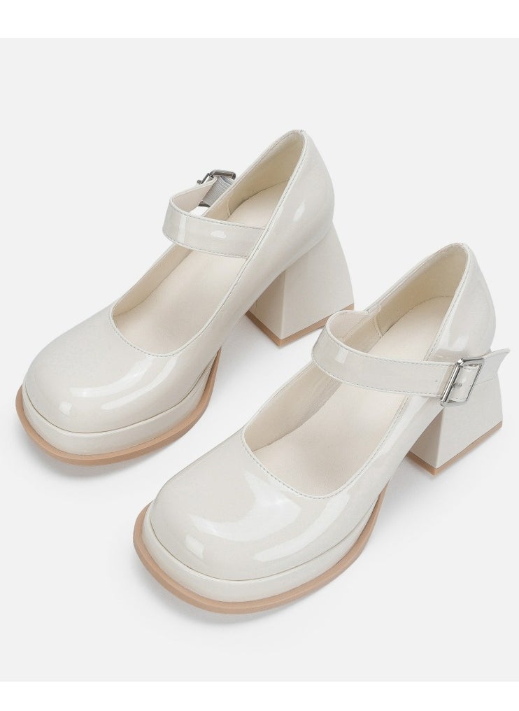 Loquat Women's T-Strap Round Toe Platform Heels Chunky Heel Mary Jane Dress Shoes White  - Image 1