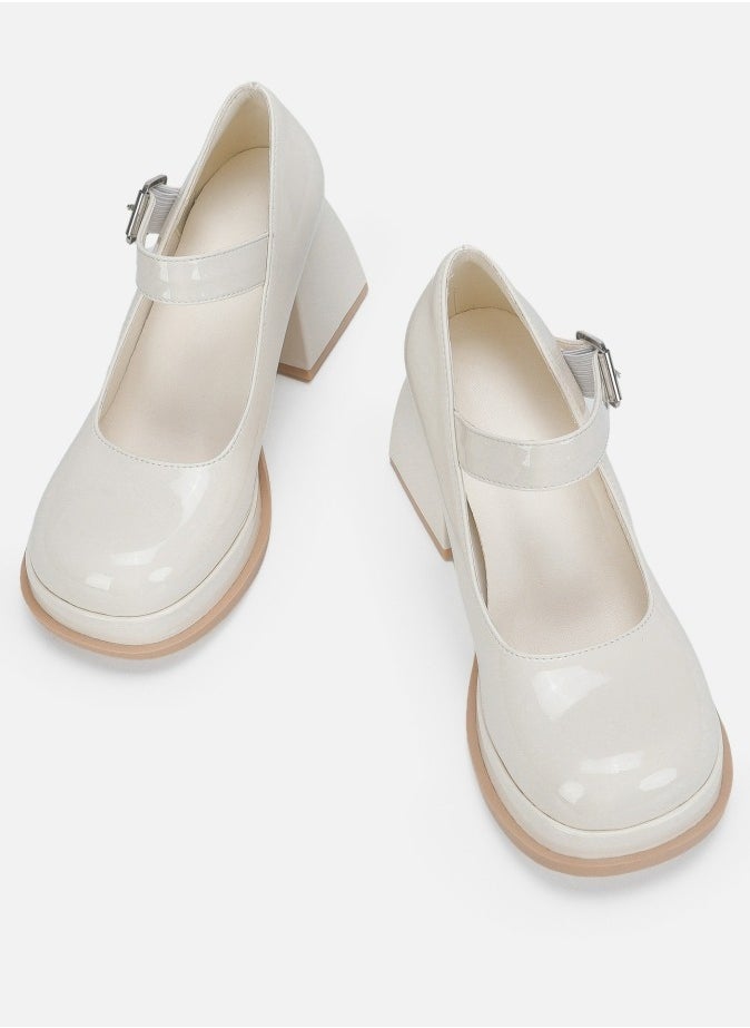Loquat Women's T-Strap Round Toe Platform Heels Chunky Heel Mary Jane Dress Shoes White  - Image 2