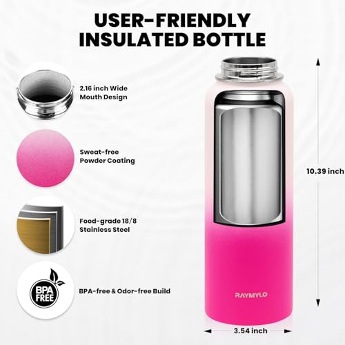 RAYMYLO Insulated Water Bottle 40 oz, Triple Wall Vacuum Stainless Steel (Cold for 48 Hrs), Leak Proof & Non-BPA, Modern Water Flask Jug with Paracord Handle & Straw Spout Lids, Ombre Pink - Image 5