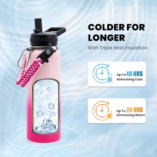 RAYMYLO Insulated Water Bottle 40 oz, Triple Wall Vacuum Stainless Steel (Cold for 48 Hrs), Leak Proof & Non-BPA, Modern Water Flask Jug with Paracord Handle & Straw Spout Lids, Ombre Pink - Image 2