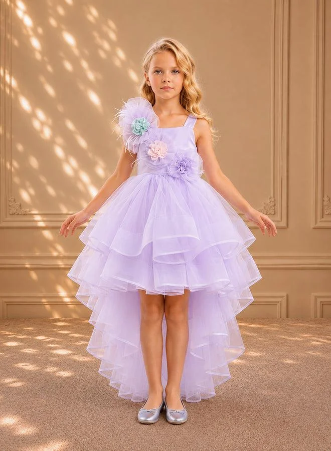 فيا بامبينو Lavender Feather-Trim Floral Tulle Dress 3374