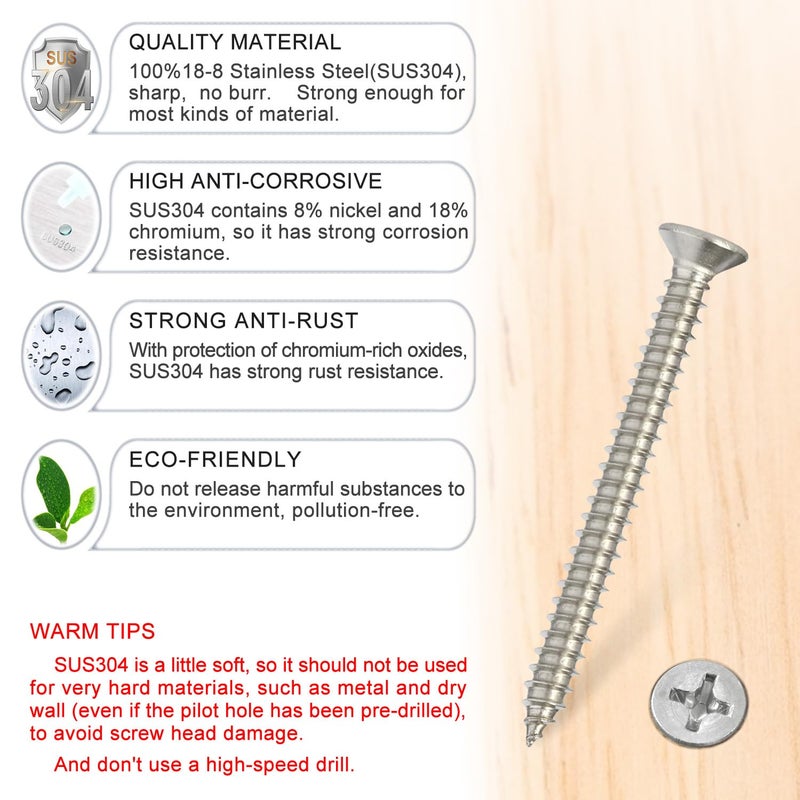 Kinder Wood Screws - 70PCS Flat Head Phillips Screws, 304 Stainless Steel Screw with Adjustable Wood Countersink Kit (#6 x 1-1/2") - Image 2