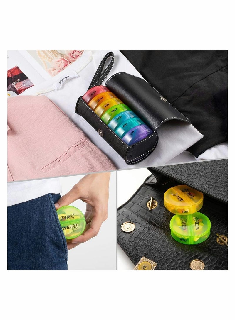 Excefore منظم حبوب أسبوعي مرتين في اليوم، صندوق حبوب AM PM مع حقيبة PU محمولة للسفر، صناديق أقراص صغيرة 7 أيام، صندوق دواء دائري للأسبوع، منظم يومي لزيت السمك الفيتامينات - Image 2