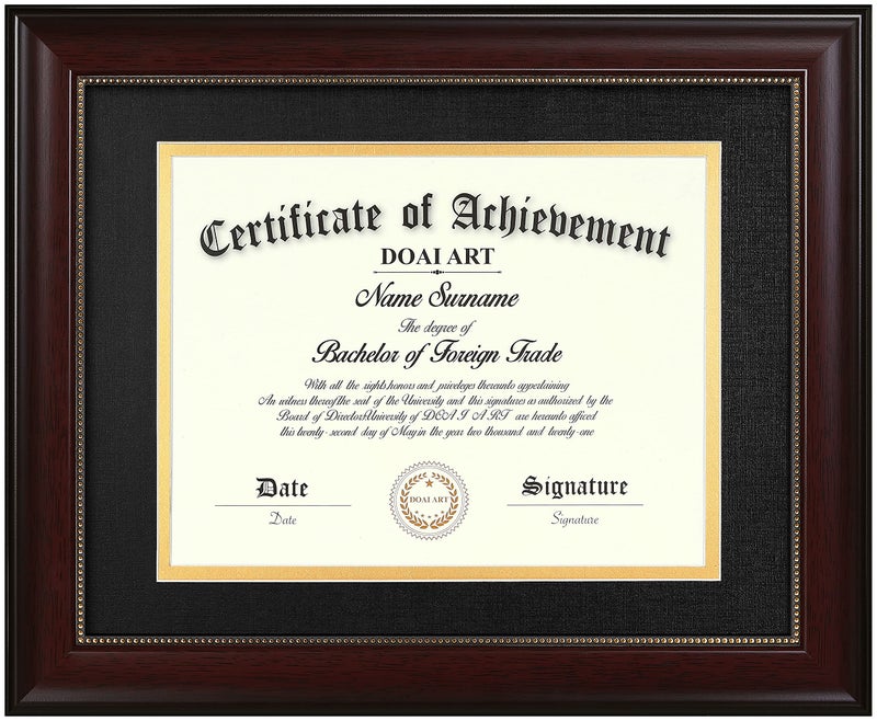 DOAI ART 8.5x11 Diploma Frame Classic Mahogany Color Display 8.5x11-inch with Black Over Gold Mat or 11x14 Document &Certificate Without Mat,Wide Molding, Gold Beads Hanging Hardware Included - Image 1