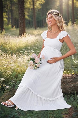 OUGES Womens 2025 Summer Maternity Maxi Dresses for Photoshoot Ruffle Sleeve Square Neck Wedding Guest Baby Shower Long Dress Flowy Pregnancy Must Have Maternity Clothes (White,L) - Image 4
