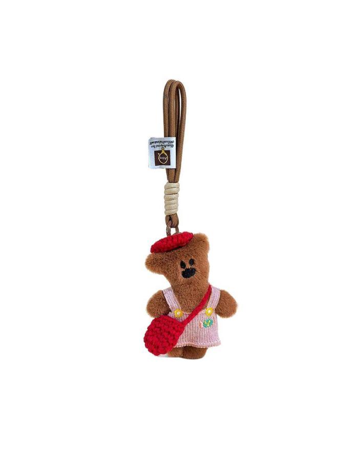 [3966 People Praise] Cute Bean Bear Pendant Winter Knitted Bag Cartoon Plush Doll Pendant Gift-Specification:Woven Red Crossbody Bag Beret Pink Skirt Bean Bear + Brown Lanyard - Image 1