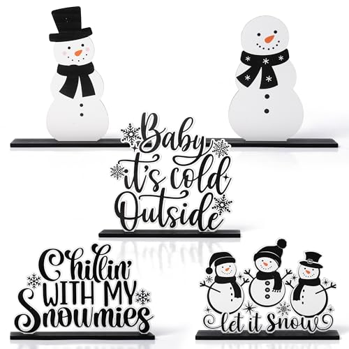 CPicdn 5Pcs Winter Christmas Tiered Tray Decor Centerpieces Snowman Snowflakes Wood Sign Farmhouse Rustic Table Topper Decoration Black White Let It Snow Holiday Supplies for Home Office Desk Shelf - Image 1