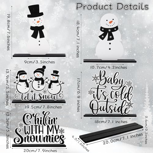 CPicdn 5Pcs Winter Christmas Tiered Tray Decor Centerpieces Snowman Snowflakes Wood Sign Farmhouse Rustic Table Topper Decoration Black White Let It Snow Holiday Supplies for Home Office Desk Shelf - Image 5