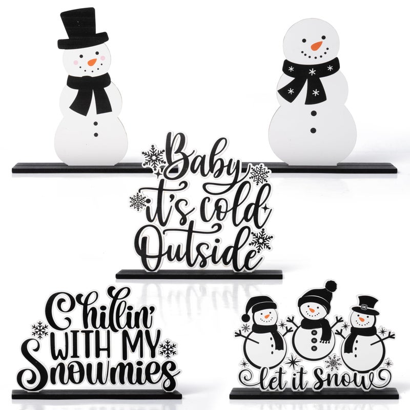 CPicdn 5Pcs Winter Christmas Tiered Tray Decor Centerpieces Snowman Snowflakes Wood Sign Farmhouse Rustic Table Topper Decoration Black White Let It Snow Holiday Supplies for Home Office Desk Shelf - Image 3