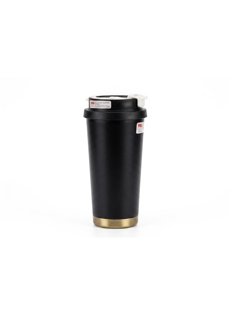TRENDIVA Insulated Coffee Travel Mug with Leakproof Lid – 500ml Stainless Steel Tumbler for Hot & Cold Drinks, Premium Reusable Coffee Cup for Car Cup Holder, Office, and Travel (Matte Black & Gold)