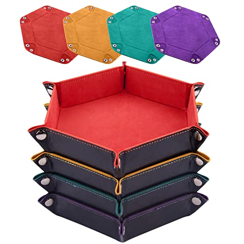 SIQUK 4 Pieces Dice Tray Set Foldable Dice Trays Hexagon Dice Rolling Tray PU Leather Dice Holder for Dice Games like RPG DND and Other Table GamesOrange Yellow Cyan Violet - Image 1