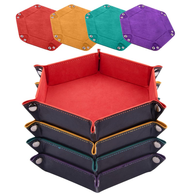 SIQUK 4 Pieces Dice Tray Set Foldable Dice Trays Hexagon Dice Rolling Tray PU Leather Dice Holder for Dice Games like RPG DND and Other Table GamesOrange Yellow Cyan Violet - Image 2