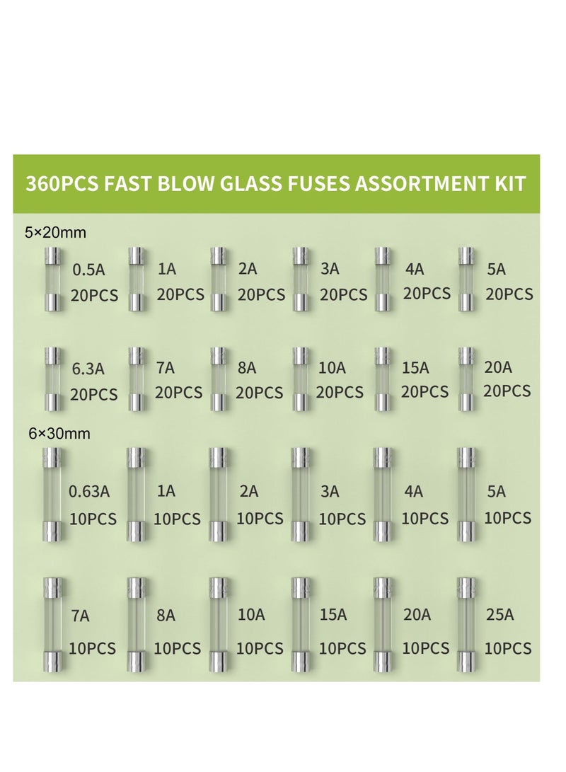 360 PCS 24 Values Fast-Blow Glass Fuses Assortment Kit, 250V 0.5A 0.63A 1A 2A 3A 4A 5A 6.3A 7A 8A 10A 15A 20A 25A 5x20mm & 6x30mm Glass Tube Fuses, Packag in a Clear Plastic Box  - Image 1