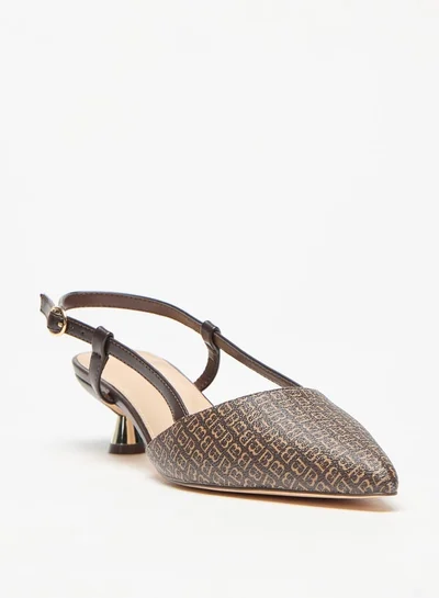 Flora Bella By Shoexpress Monogram Print Slingback Shoes with Kitten Heels and Buckle Closure