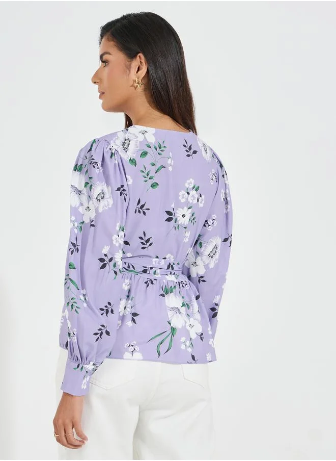Styli Floral Print Wrap Top with Volume Cuffed Sleeves