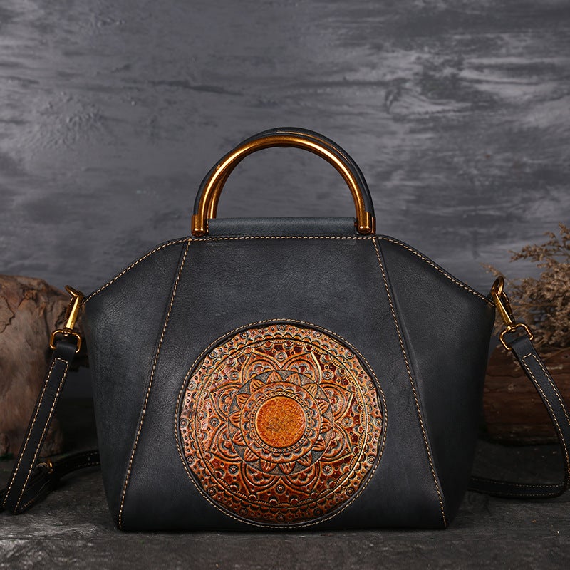 Handbag Women Totem Embossed Leather Women'S Bag Head Layer Cowhide Retro Shoulder Messenger Bag Women A Generation Of Hair - Image 1