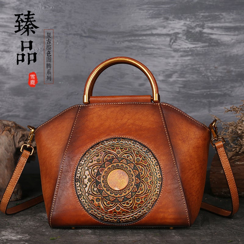 Handbag Women Totem Embossed Leather Women'S Bag Head Layer Cowhide Retro Shoulder Messenger Bag Women A Generation Of Hair - Image 2