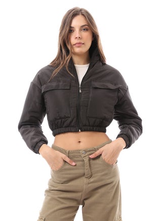 Trendy Black Cropped Puffer Jacket with Patched Pockets