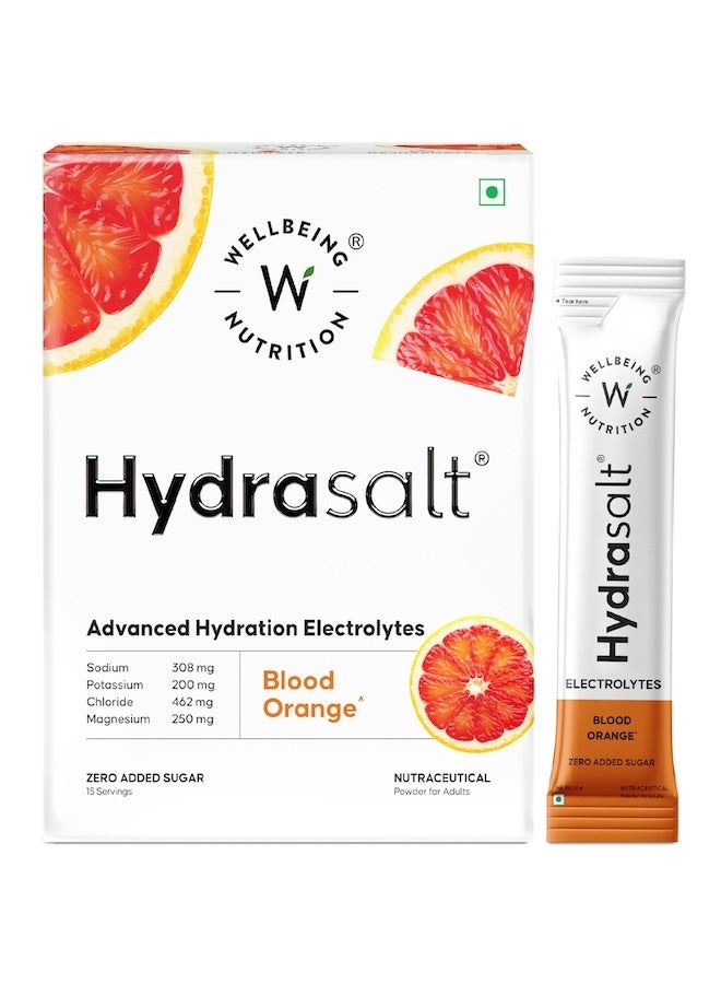 WELLBEING NUTRITION HydraSalt Electrolyte Drink with Zero Added Sugar | 5 Electrolytes & 3 Vitamins for Instant Hydration, Energy, Performance & Recovery, Blood Orange Flavor 90g, Pack of 15 - Image 1