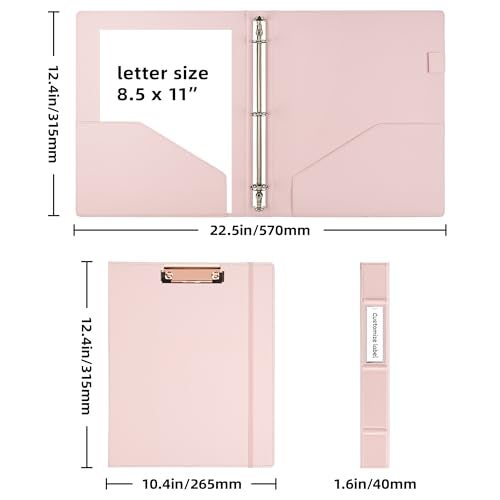 Ospelelf Vintage Hardcover 3 Ring 1 inch Leather Binder, Professional Binder Organizer Suitable for Letter Size, Binder Dividers with Tabs, Clipboard Design, Faux Rose Pink Leather - Image 5