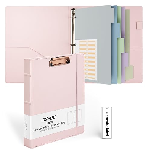 Ospelelf Vintage Hardcover 3 Ring 1 inch Leather Binder, Professional Binder Organizer Suitable for Letter Size, Binder Dividers with Tabs, Clipboard Design, Faux Rose Pink Leather - Image 1