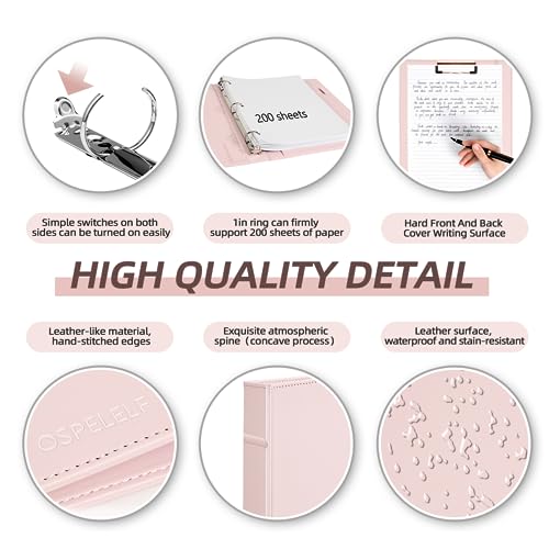 Ospelelf Vintage Hardcover 3 Ring 1 inch Leather Binder, Professional Binder Organizer Suitable for Letter Size, Binder Dividers with Tabs, Clipboard Design, Faux Rose Pink Leather - Image 3