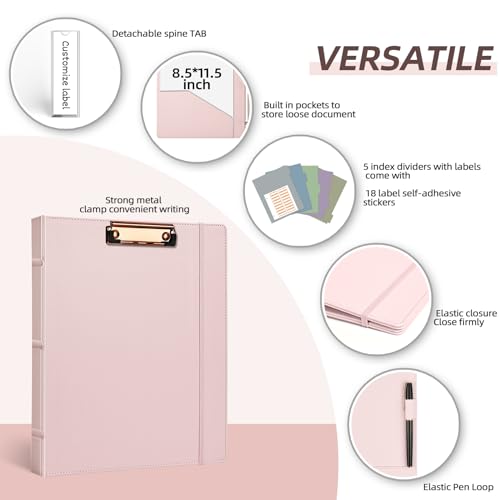 Ospelelf Vintage Hardcover 3 Ring 1 inch Leather Binder, Professional Binder Organizer Suitable for Letter Size, Binder Dividers with Tabs, Clipboard Design, Faux Rose Pink Leather - Image 2