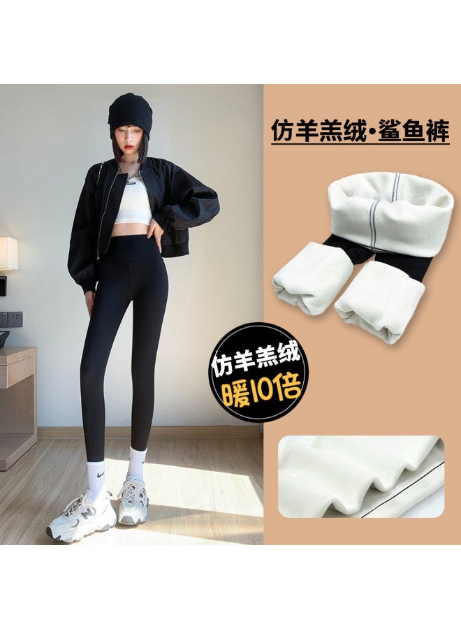Top melon Faux Lamb Fleece Shark Pants, Fleece-Lined Leggings For Women, Winter Wear, Slimming Lifting, Tummy-Control Black Sports Yoga Pants - Image 2