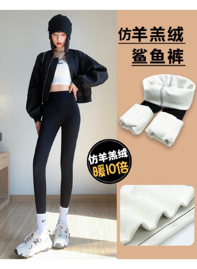 Top melon Faux Lamb Fleece Shark Pants, Fleece-Lined Leggings For Women, Winter Wear, Slimming Lifting, Tummy-Control Black Sports Yoga Pants - Image 1
