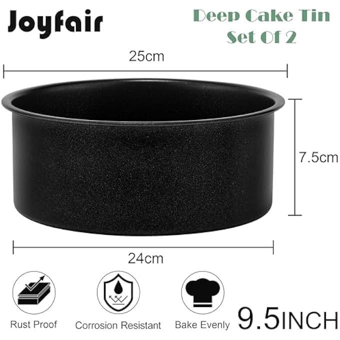 Joyfair 95 Inch Deep Cake Tin Set of 2 NonStick Stainless Steel Round Cake Pan Christmas Birthday Wedding Cake Mould for Baking Roasting Serving Rust Resistant  Easy to Clean 25 x 75cm Black - Image 3