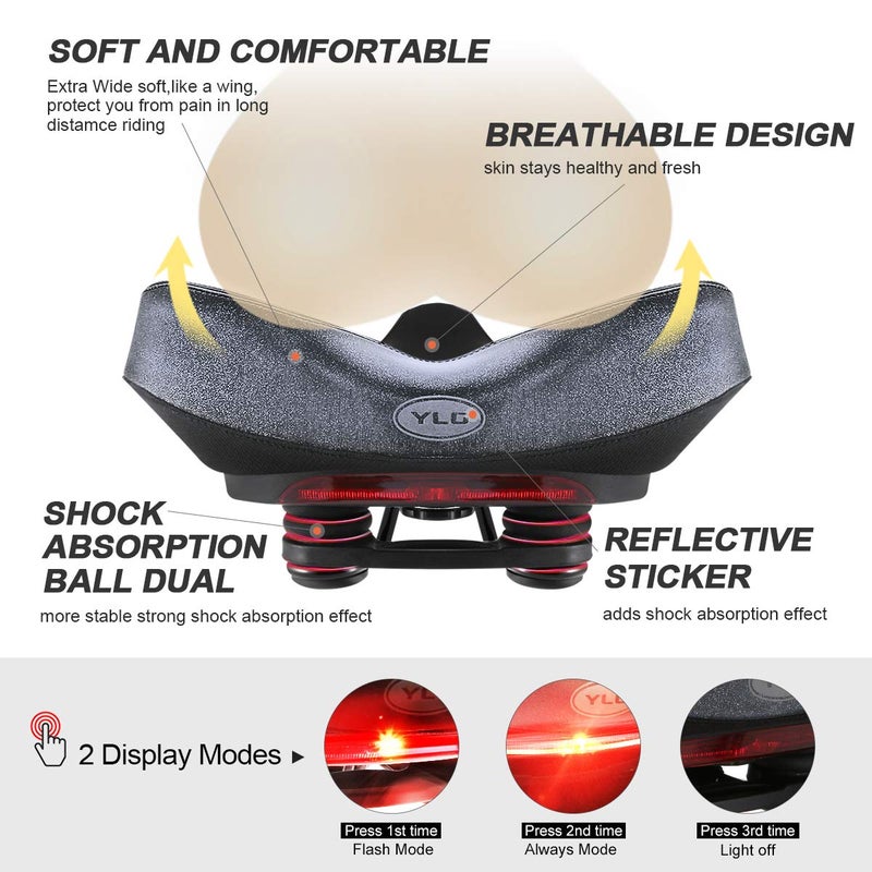 YLG Oversized Bike Seat with Taillight - Oversized Comfort Bike Seats for Women Men - Extra Wide Bicycle Saddle,Universal Fit, Shock Absorbing (Wide Saddle) - Image 3
