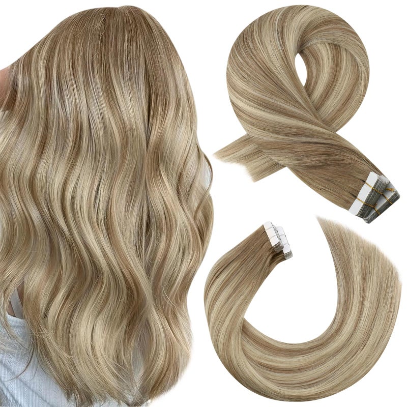 Moresoo Tape in Hair Extensions Human Hair Ombre Ash Brown to Blonde Mix with Light Blonde Hair Extensions Tape in Real Human Hair Balayage Glue in Extensions Real Hair 8228 20pcs 50g 18 Inch