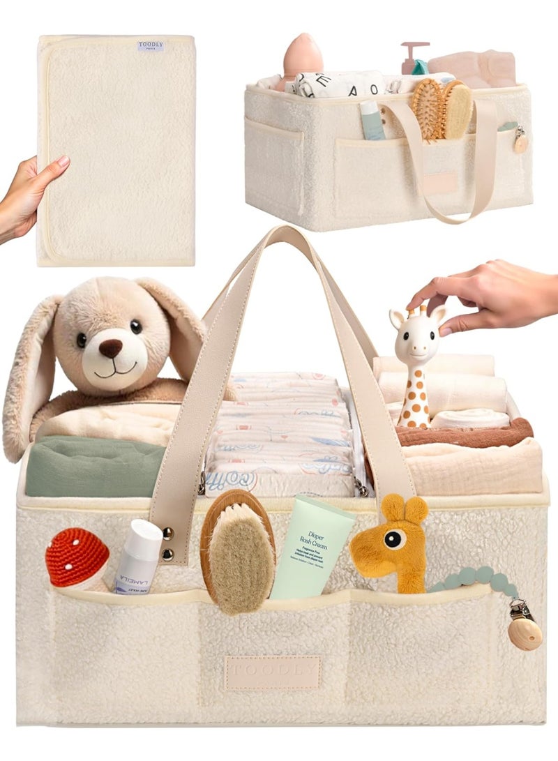 Toodly Baby Diaper Caddy Organizer with Portable Changing Mat - Teddy Fleece Diaper Organizer for Changing Table - Basket for Changing Essentials - Baby Essentials Organizer with Removable Dividers Beige Diaper Caddy with Changing Pad  - Image 1
