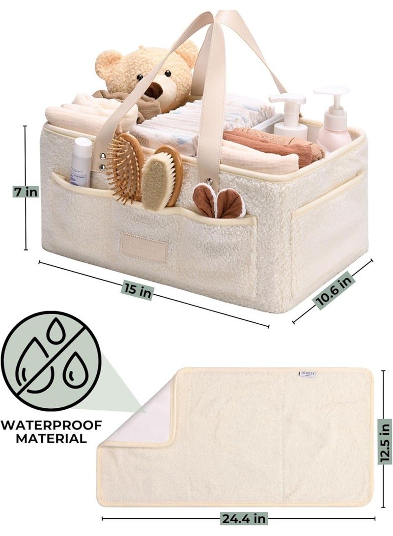 Toodly Baby Diaper Caddy Organizer with Portable Changing Mat - Teddy Fleece Diaper Organizer for Changing Table - Basket for Changing Essentials - Baby Essentials Organizer with Removable Dividers Beige Diaper Caddy with Changing Pad  - Image 2