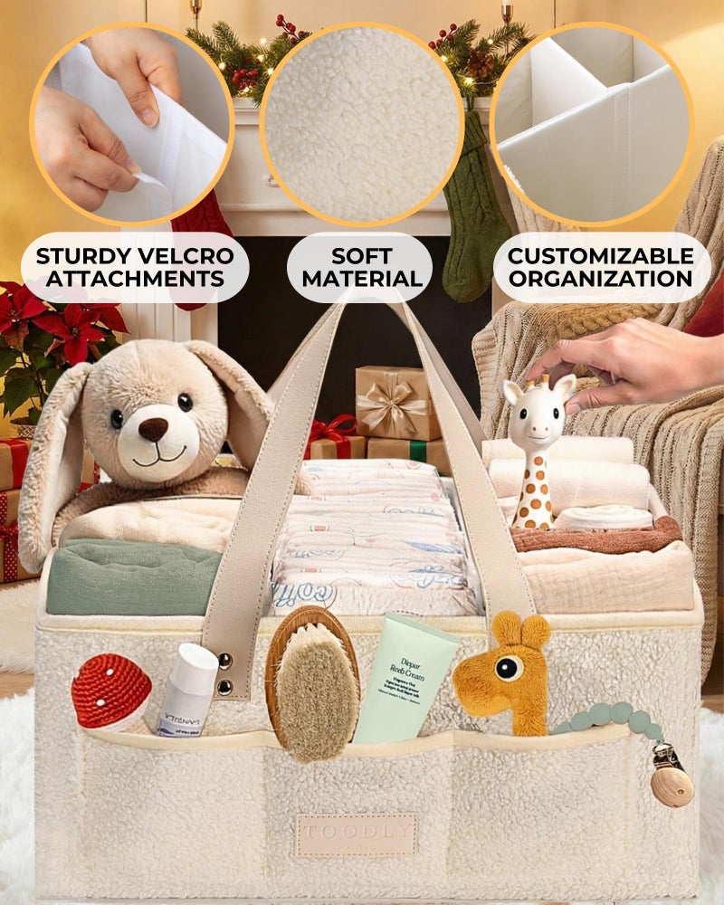 Toodly Baby Diaper Caddy Organizer with Portable Changing Mat - Teddy Fleece Diaper Organizer for Changing Table - Basket for Changing Essentials - Baby Essentials Organizer with Removable Dividers - Image 5