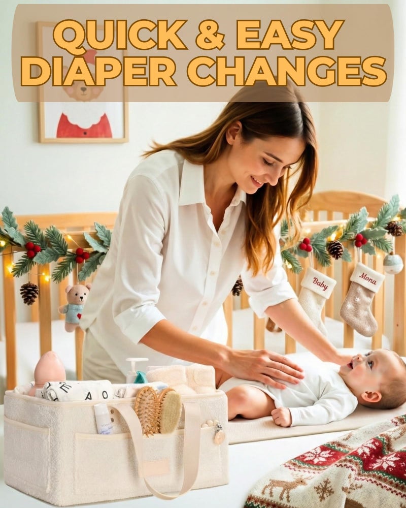 Toodly Baby Diaper Caddy Organizer with Portable Changing Mat - Teddy Fleece Diaper Organizer for Changing Table - Basket for Changing Essentials - Baby Essentials Organizer with Removable Dividers - Image 4