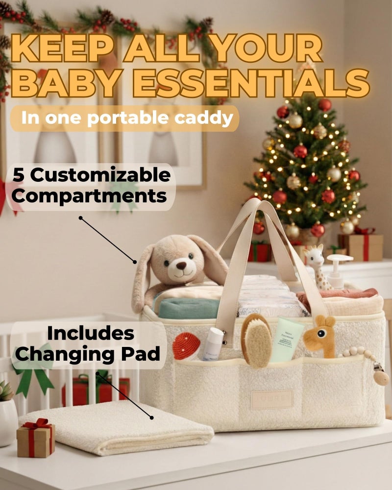 Toodly Baby Diaper Caddy Organizer with Portable Changing Mat - Teddy Fleece Diaper Organizer for Changing Table - Basket for Changing Essentials - Baby Essentials Organizer with Removable Dividers - Image 2