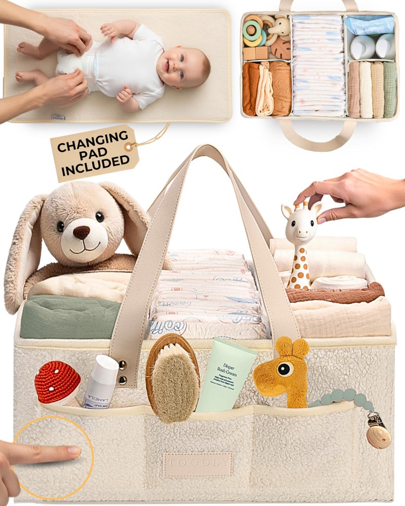 Toodly Baby Diaper Caddy Organizer with Portable Changing Mat - Teddy Fleece Diaper Organizer for Changing Table - Basket for Changing Essentials - Baby Essentials Organizer with Removable Dividers - Image 1