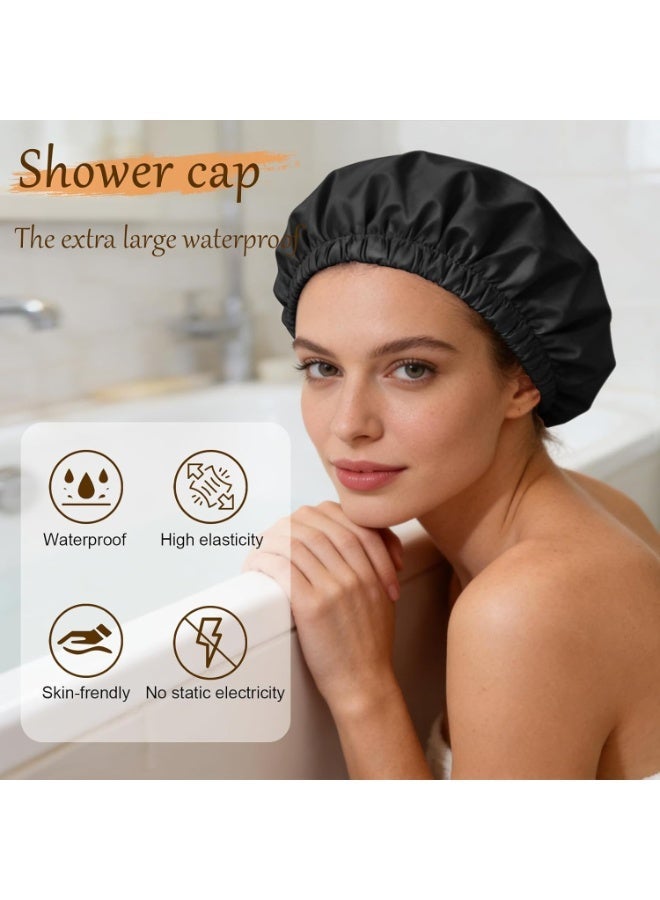 ATRJSZ Satin Lined Shower Cap for Women, Reusable Waterproof Hair Cap, Large Washable Bath Caps with Soft Elastic Band, Protect Long Hair Braids(Black) - Image 2