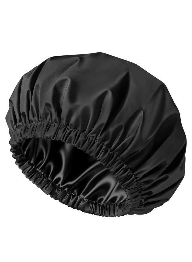 ATRJSZ Satin Lined Shower Cap for Women, Reusable Waterproof Hair Cap, Large Washable Bath Caps with Soft Elastic Band, Protect Long Hair Braids(Black) - Image 1