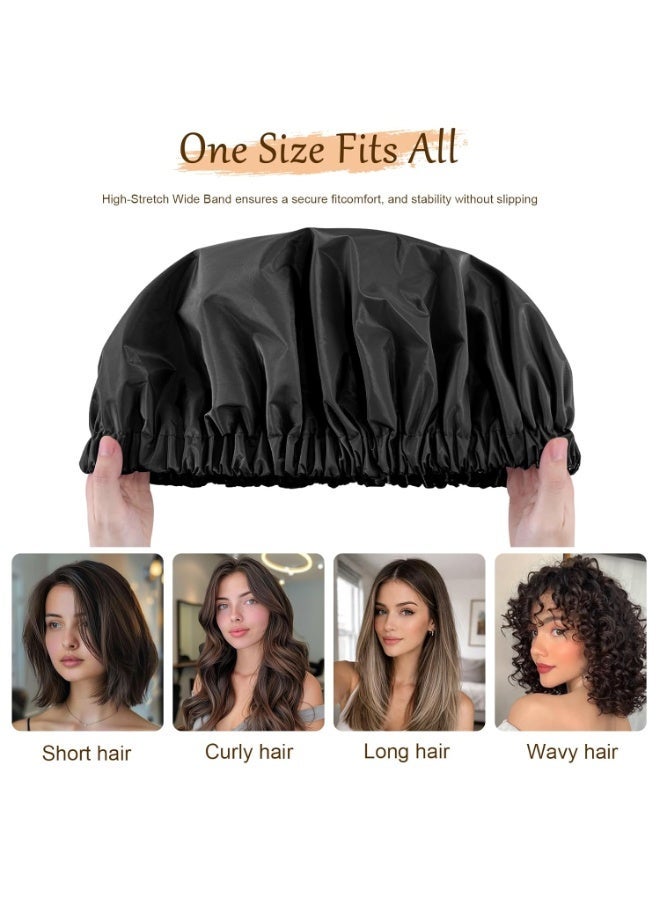 ATRJSZ Satin Lined Shower Cap for Women, Reusable Waterproof Hair Cap, Large Washable Bath Caps with Soft Elastic Band, Protect Long Hair Braids(Black) - Image 5