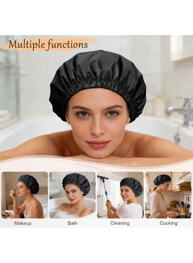 ATRJSZ Satin Lined Shower Cap for Women, Reusable Waterproof Hair Cap, Large Washable Bath Caps with Soft Elastic Band, Protect Long Hair Braids(Black) - Image 4