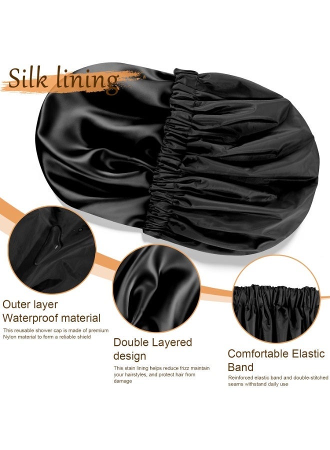 ATRJSZ Satin Lined Shower Cap for Women, Reusable Waterproof Hair Cap, Large Washable Bath Caps with Soft Elastic Band, Protect Long Hair Braids(Black) - Image 3