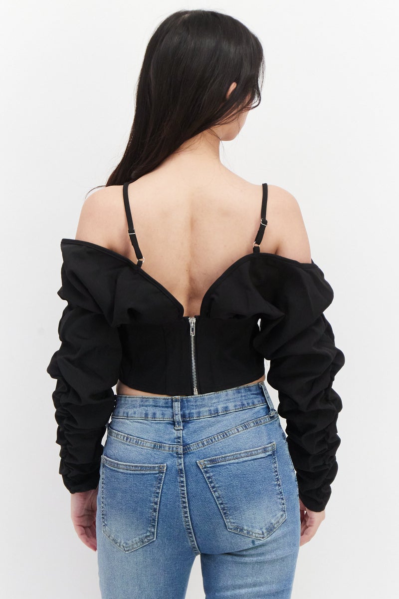 Missguided Women V-Neck Cold Shoulder Pleated Crop Top, Black - Image 2