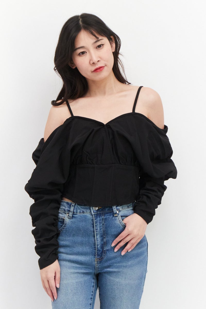 Missguided Women V-Neck Cold Shoulder Pleated Crop Top, Black - Image 1
